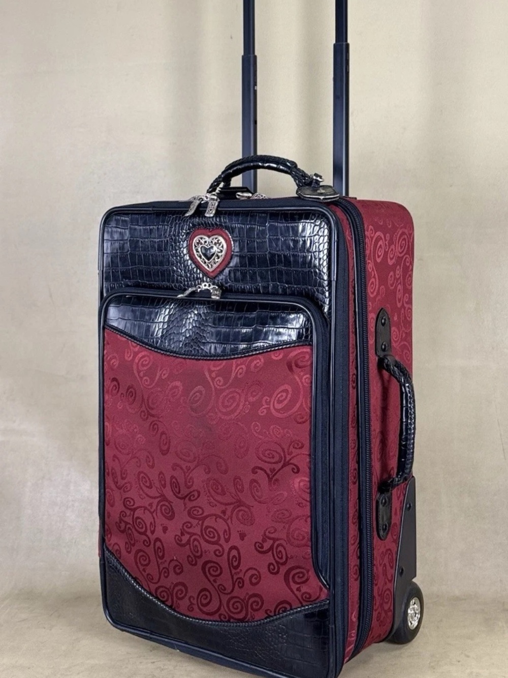Brighton Burgundy & Black Rolling Travel Carry-On with Heart Accent